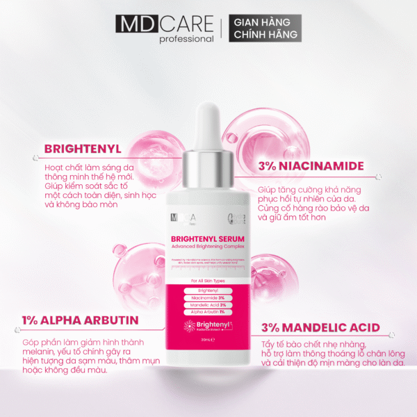 Hình ảnh serum Brightenyl và bảng thành phần của sản phẩm